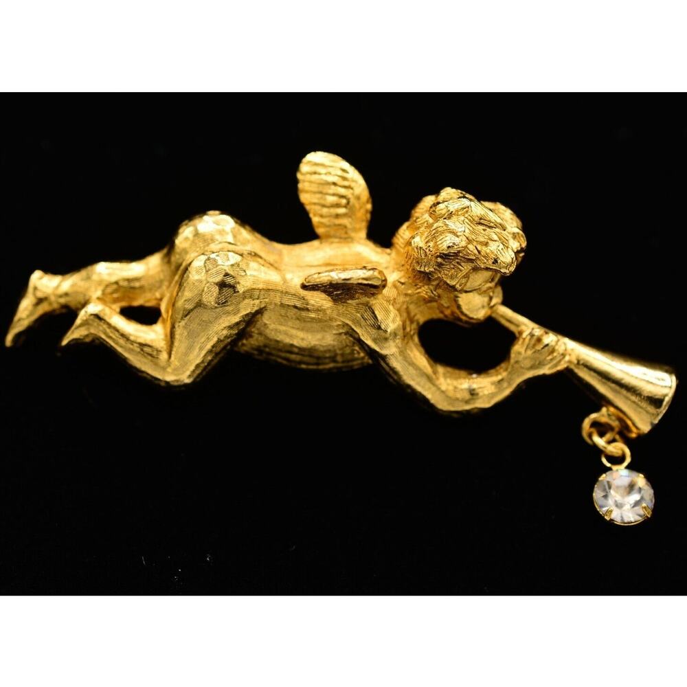 Yosca Vintage Angel Pin Brooch Cherub Brushed Gold Horn Crystal Signed 80s BinAJ
